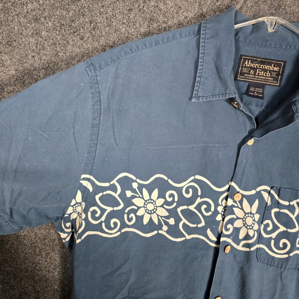 VTG Abercrombie Fitch Hawaiian Shirt Mens Large Floral Print Blue Tropical Beach - Picture 3 of 7